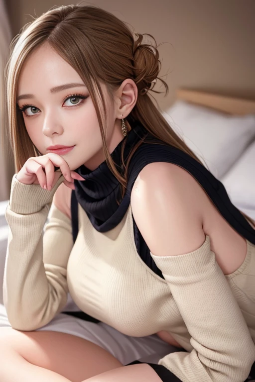 (Light Beige Turtleneck Sleeveless Knit)、pencil skirts、20 year old girl, breasts of medium size,, Tron bulge in the chest、Pinch your chest with your arms、brown haired、Long Wave Hair、hotels room, a necklace、Earring、knee high stockings、 ((Very detailed)), Shy smile、Kamimei、(Perfectly detailed face), (Well detailed hands) Photorealistic images、full body seen、emphasis on the buttocks、lyin in bed