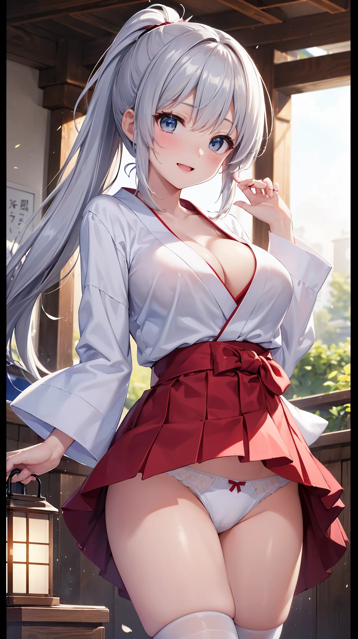 ((highest quality、High resolution、8k、masterpiece:1.3))、Dynamic Angle、The whole body is visible、wallpaper、1 girl、Unparalleled beauty、Ultimate beauty、Highly detailed face、Delicate eyes、Laugh shyly、sexy look、(I'm tempting you)、Looking at the camera、Depth of written border、Particles of light、Side light、ponytail、Silver Hair、Shrine maiden、Shrine maiden服、Shrine maiden装束、White kimono、Red too、(hold the skirt with both hands)、(The wind blows up my skirt、Her white panties were exposed.)、Open chest、Big Breasts、Cleavage、Thighs、slim、thin