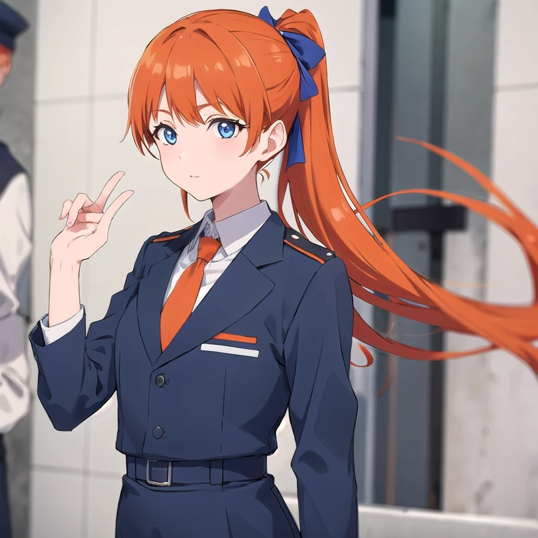 Orange hair, gray blue dress uniform, tie red,  blue eyes