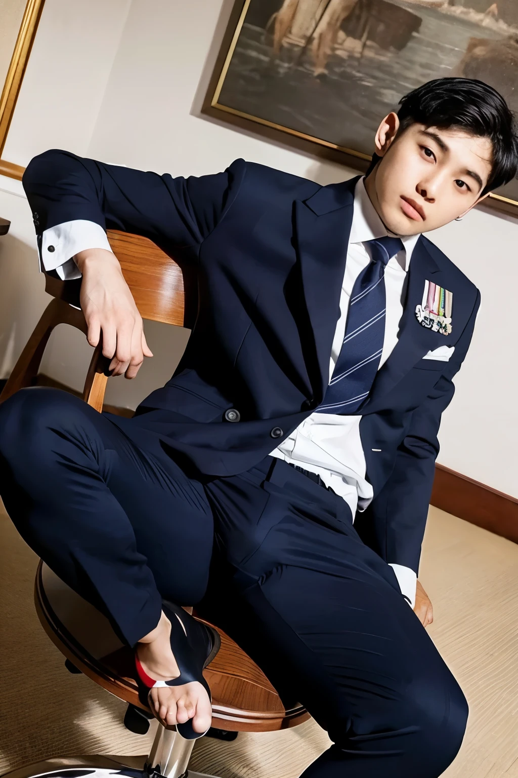 Young people, Wearing a navy suit, showing his erect penis sideways, sitting on a chair, Japanese, thick thighs, bulging crotch, plump thighs, bulging crotch, muscular