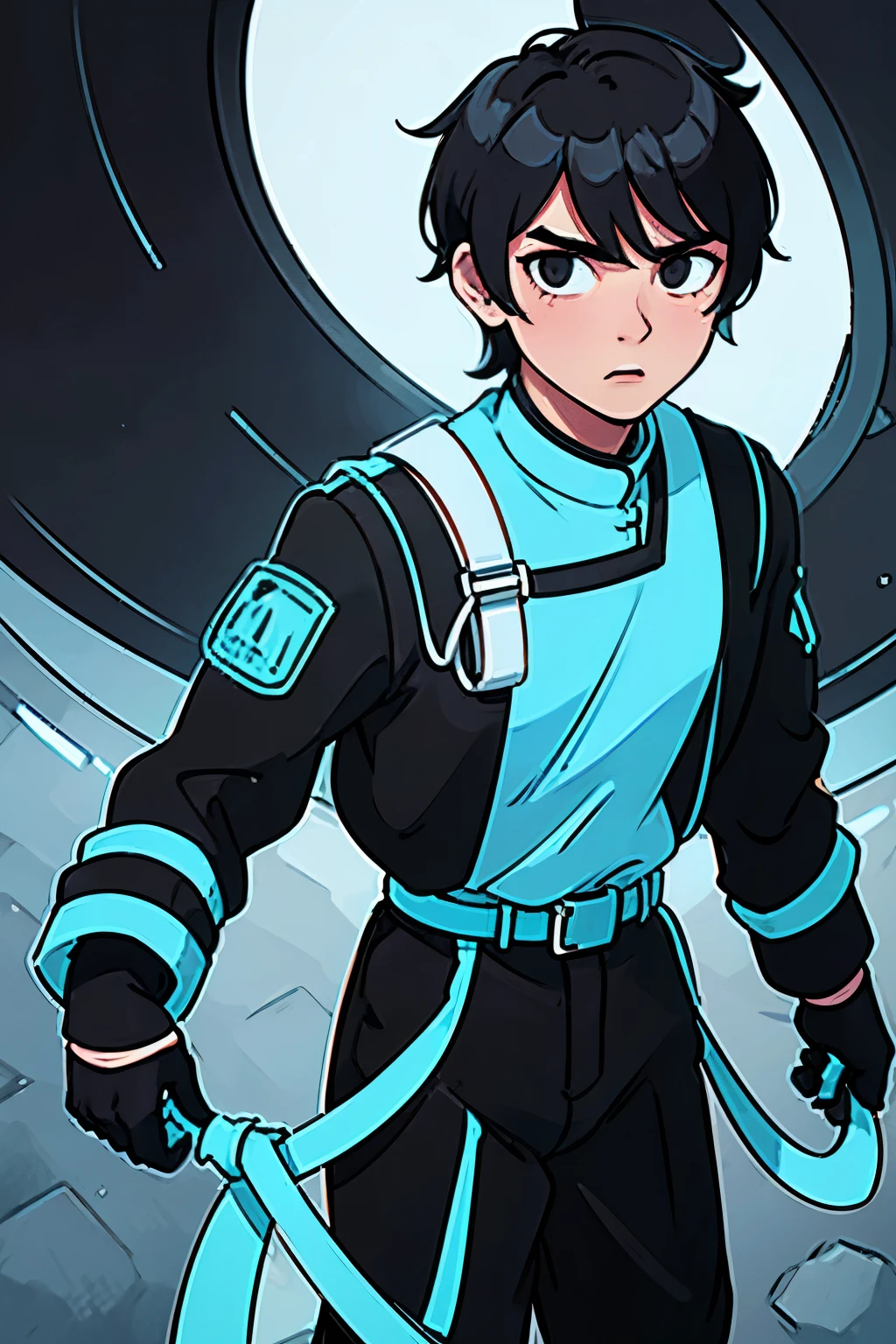 Masculine cyborg man, short black hair, black eyes, black, white and cyan neon colored costumes