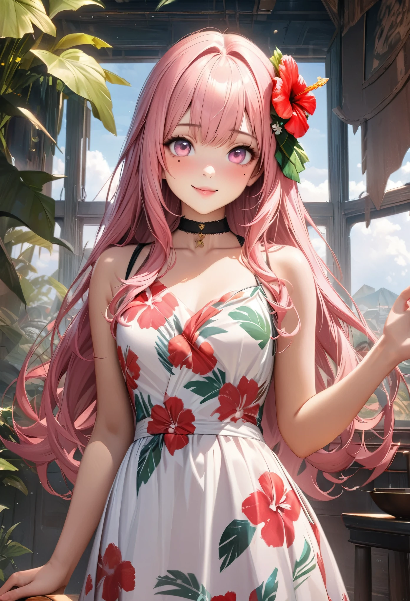 masterpiece, higst quality, highly detailed, high resolution, an high resolution, high resolution, 4k, 8k, unity 8k wallpaper, highly detailed cg, masterpiece, realistic, beautiful detail, depth, fine texture, hig hisst st quality: 1.3, total concentration, crisp skin, him, very cute anime, cute like an idol, tall pink long hair, one girl, Hawaiian dress, greeting, hibiscus hair accessory, smile, long pink hair, whole body , Mole under his eye, line sight, high, blush, lips parted, he art, pink eyes, choker