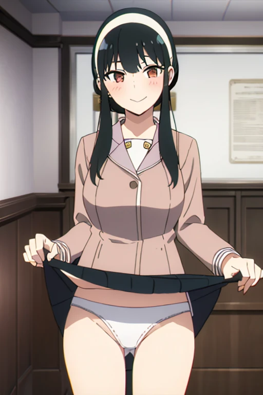 (masterpiece, highest quality: 1.2), alone, 1 girl, alone, panties,,blush,Sailor suit,blazer,your heather, smile, Mouth closed, View your viewers, Long black hair, head band, Earrings, Big Breasts, Medium Waist, Medium Hips, wide thighs, Embarrassing, Charm, smiling with her Mouth closed, Good move.., Excellent anatomy,panties,classroom,,Sailor suit,blazer,skirt, (((skirtめくり, I can see your pants))),