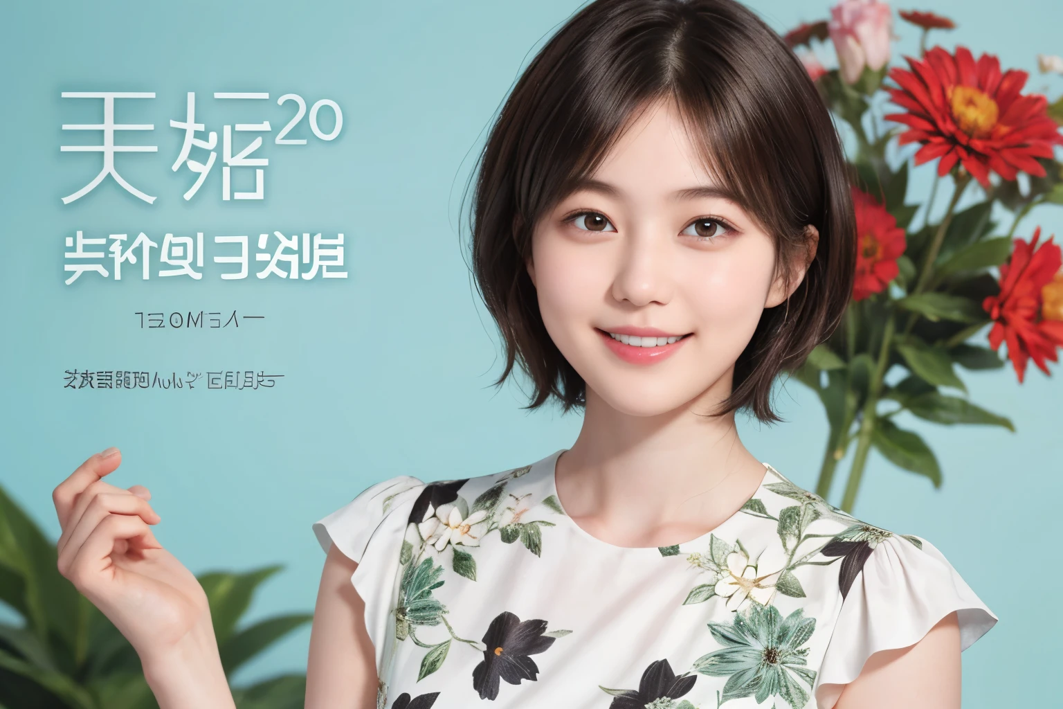 215 Short Hair, 20-year-old woman, A kind smile, Floral