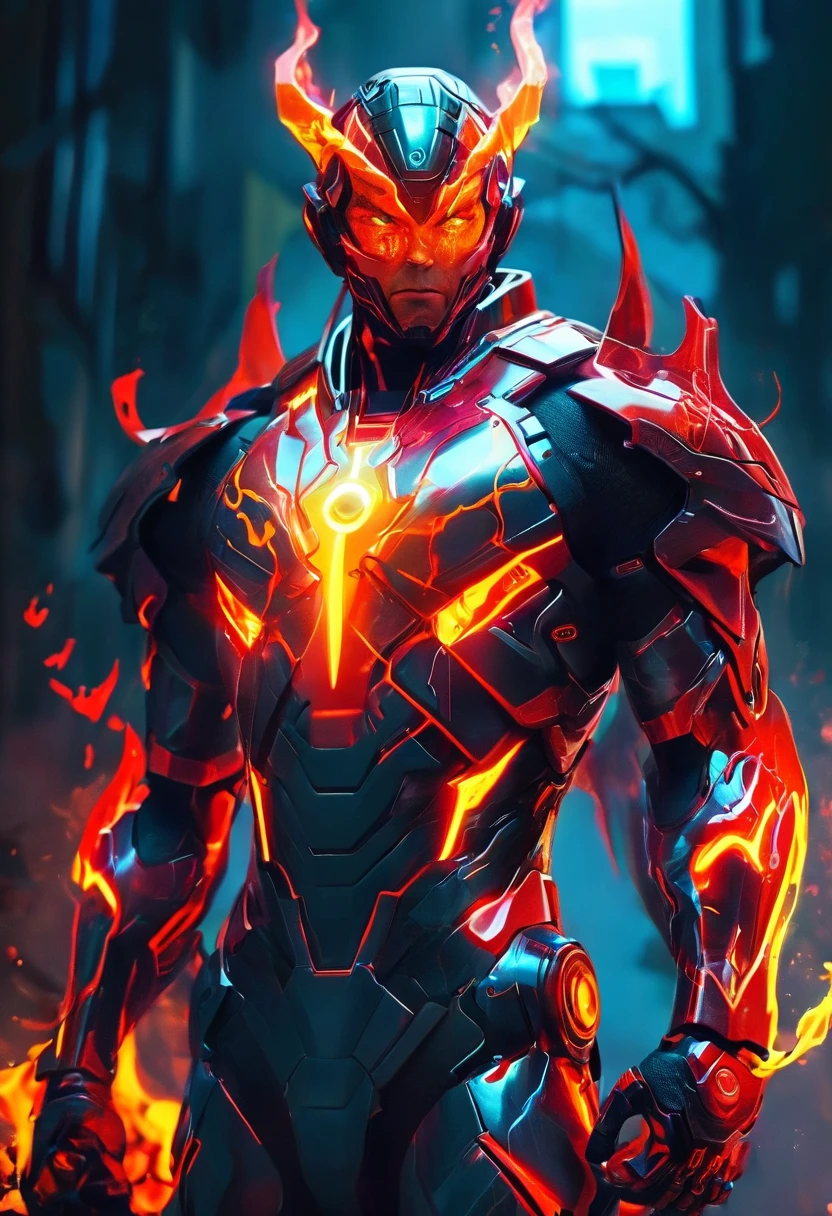 a man with glowing eyes and a red suit standing in front of a fire, incredible background, Human Torch, glowing red veins, radiant power, avatar image, glowing red veins, glowing and glowing veins, cyberpunk flame suit, 8 k very detailed ❤🔥 🔥 💀 🤖 🚀, glowing veins, dark supervillain, 1024px profile picture, fire demon