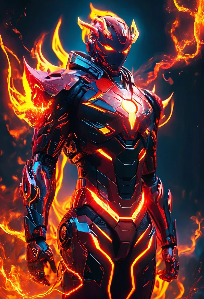 a man with glowing eyes and a red suit standing in front of a fire, incredible background, Human Torch, glowing red veins, radiant power, avatar image, glowing red veins, glowing and glowing veins, cyberpunk flame suit, 8 k very detailed ❤🔥 🔥 💀 🤖 🚀, glowing veins, dark supervillain, 1024px profile picture, fire demon