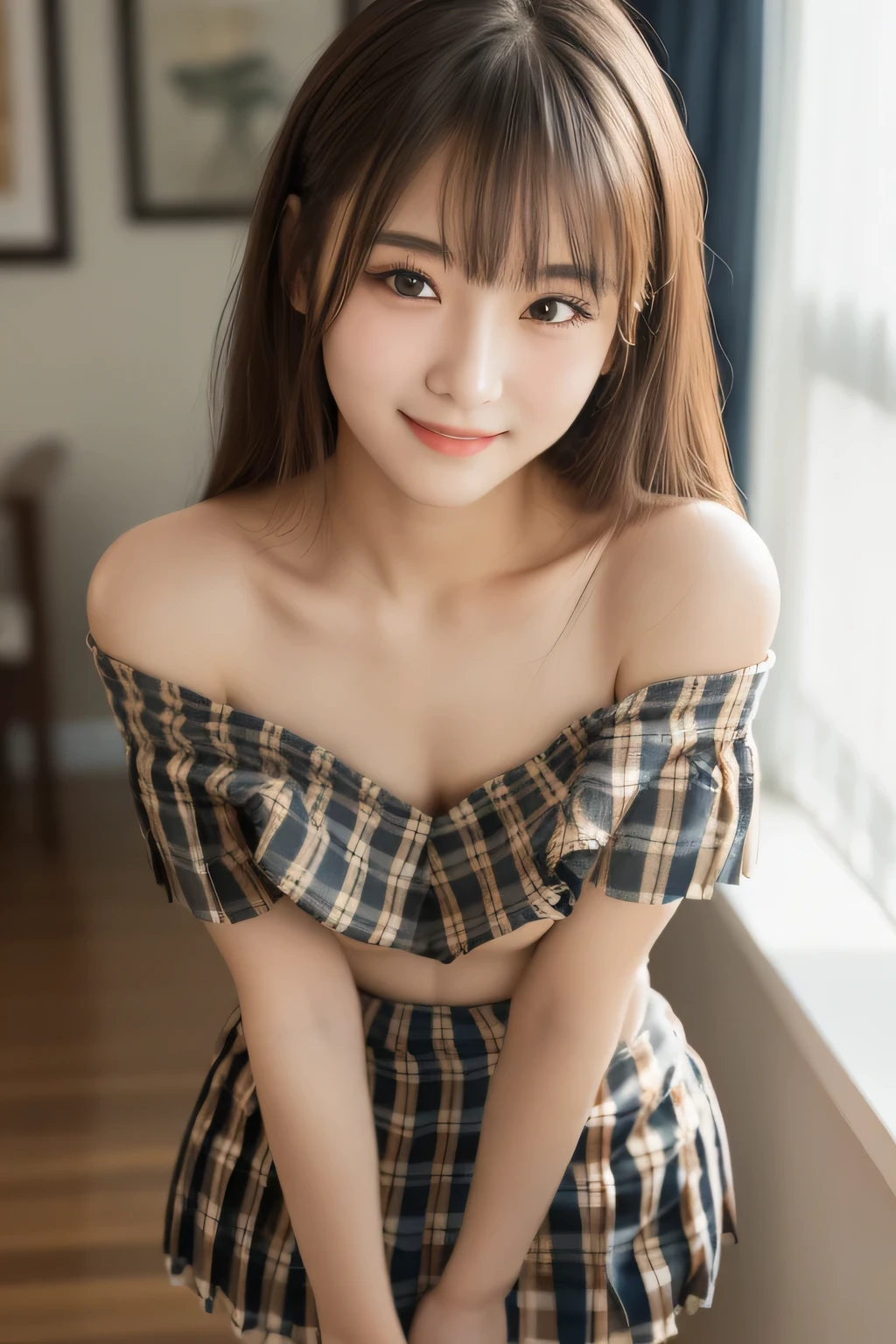 (masterpiece,highest quality,超A high resolution),Japanese women, (((Very cute girl))), View the photographer, Front view, ((Long Hair)), Super cute face, Glossy lips, Double eyelids on both eyes, Focus your eyes, Natural Makeup, bangs, Shiny and smooth light brown long hair, (((Upper body close-up))), Large Breasts, Perfect limbs, Perfect Anatomy, ((Off-the-shoulder clothing:1.3)), ((Black knee-high socks:1.3)), (((Checkered pleated mini skirt:1.5))), ((Smile)), Night room, (Show off your slim thighs:1.3), ((Include the whole face and focus on the chest:1.2)), View your viewers, (Strike a cute pose:1.2), Perfect and natural fingers,