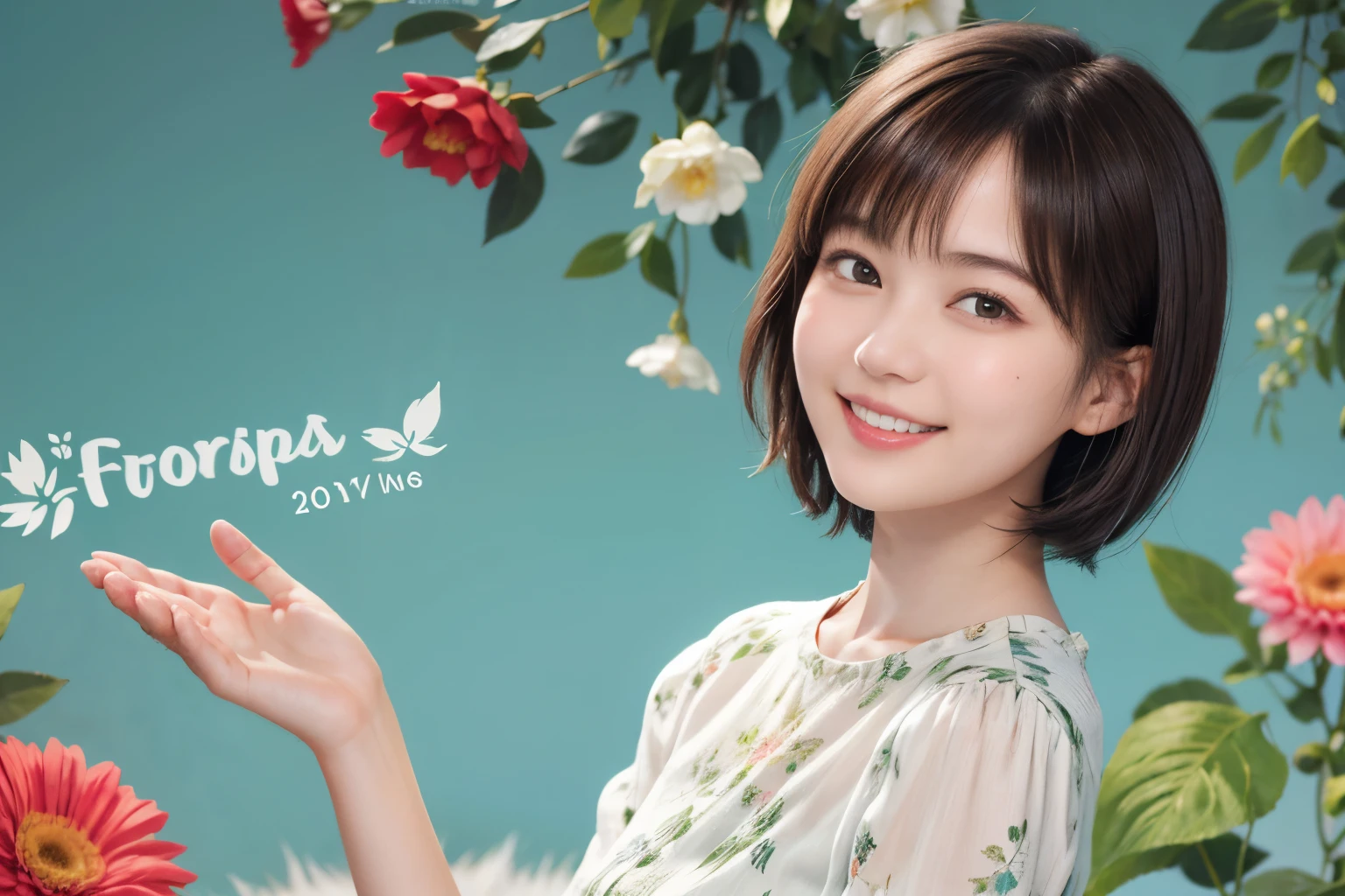 215 Short Hair, 20-year-old woman, A kind smile, Floral