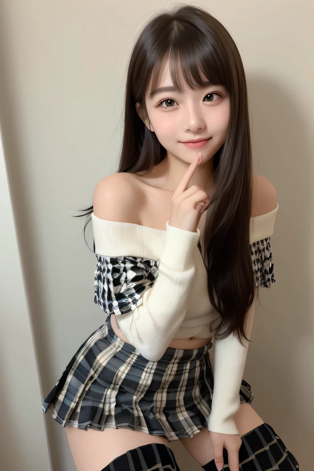 (masterpiece,highest quality,超A high resolution),Japanese women, (((Very cute girl))), View the photographer, Front view, ((Long Hair)), Super cute face, Glossy lips, Double eyelids on both eyes, Focus your eyes, Natural Makeup, bangs, Shiny and smooth light brown long hair, (((Upper body close-up))), Large Breasts, Perfect limbs, Perfect Anatomy, ((Off-the-shoulder clothing:1.3)), ((Black knee-high socks:1.3)), (((Checkered pleated mini skirt:1.5))), ((Smile)), Night room, (Show off your slim thighs:1.3), ((Include the whole face and focus on the chest:1.2)), View your viewers, (Strike a cute pose:1.2), Perfect and natural fingers,