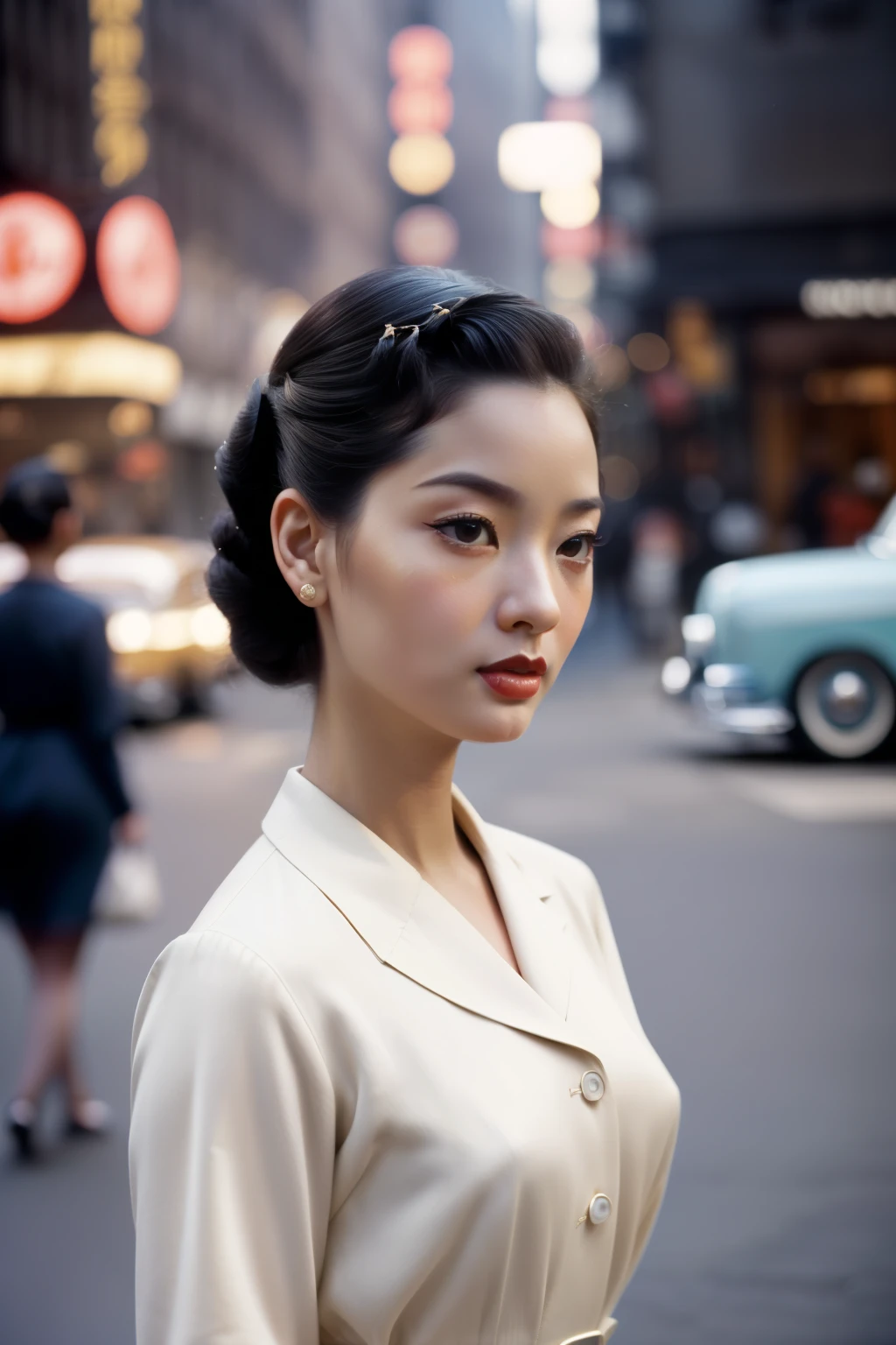 New York, 1952. A young ((((33-year-old)) Sayuri)), strikingly beautiful, delicate facial features, porcelain skin, expressive eyes, in the street, ((awe expression)), ((((clothings from the 1950s)))), ((hairstyle of the 1950s)), colorful