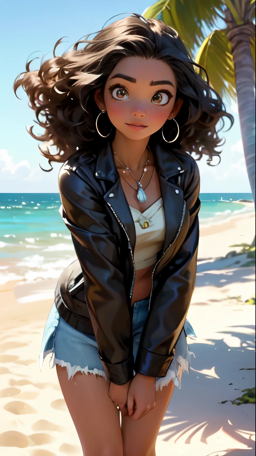 best quality,ultra-detailed,realistic:1.37,portrait,Moana,girl,leather jacket,apple bottom jeans,vivid colors,studio lighting,beachside,palm trees,sunset,windy,shiny,beautiful detailed eyes,beautiful detailed lips,curly hair,confident expression,standing pose,cool vibes,seaside adventure,adventurous spirit,seashells,tribal necklace,earrings,holding a seashell in hand,sea breeze,wafting hair,sparkling ocean reflections,sand between toes,endless horizon,summer vibes