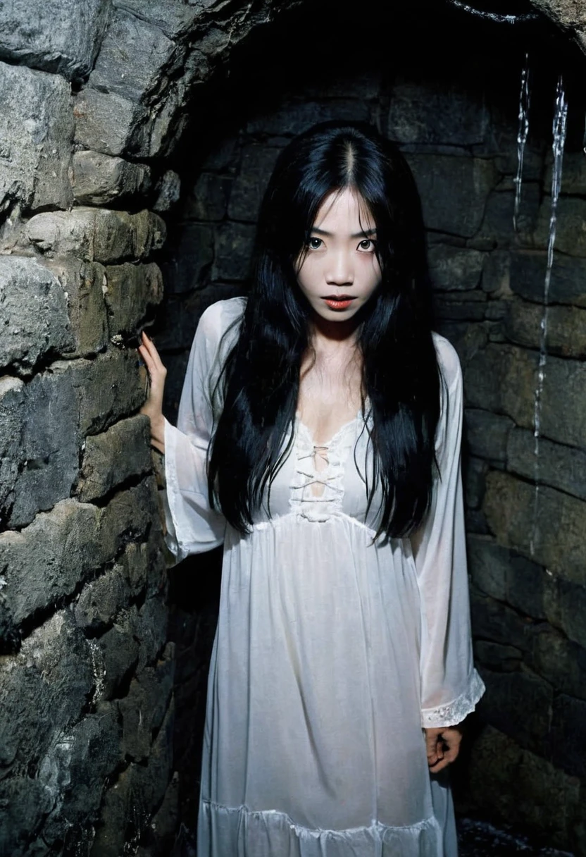 Sadako-demon climbing out of a well with white eyes and fangs, long black hair covering the floor of her face in a long white nightie, grainy photograph from 1993, creepy, scary, --ar 2:3.
1993, creepy, dark, demon, creepy, fangs, grainy photo, witch, haunting, horror, paranormal, scary, supernatural, white eyes