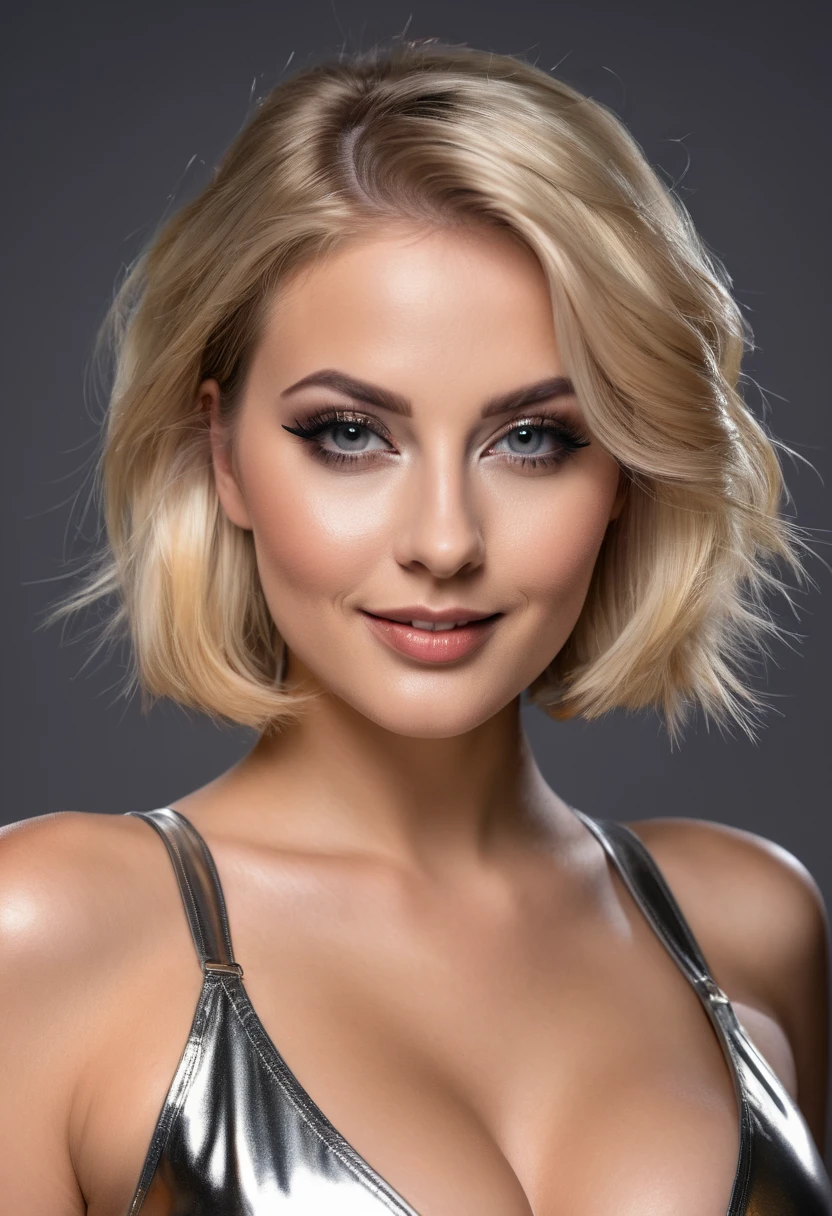 hyperrealistic beautiful busty 30-year-old women in ultra shiny metallic jumpsuit, model shooting mugshot photography, dyed blonde classic bob, dark eye makeup with eyeliner, seductive smile, 8K, best quality, Meisterwerk, ultra high resolution, (Realismus: 1.4), Originalfoto, (realistische Hautstruktur: 1.3), (Filmkorn: 1.3), (Selfie-Winkel), 1 girl, Beautiful eyes and facial details, Meisterwerk, best quality