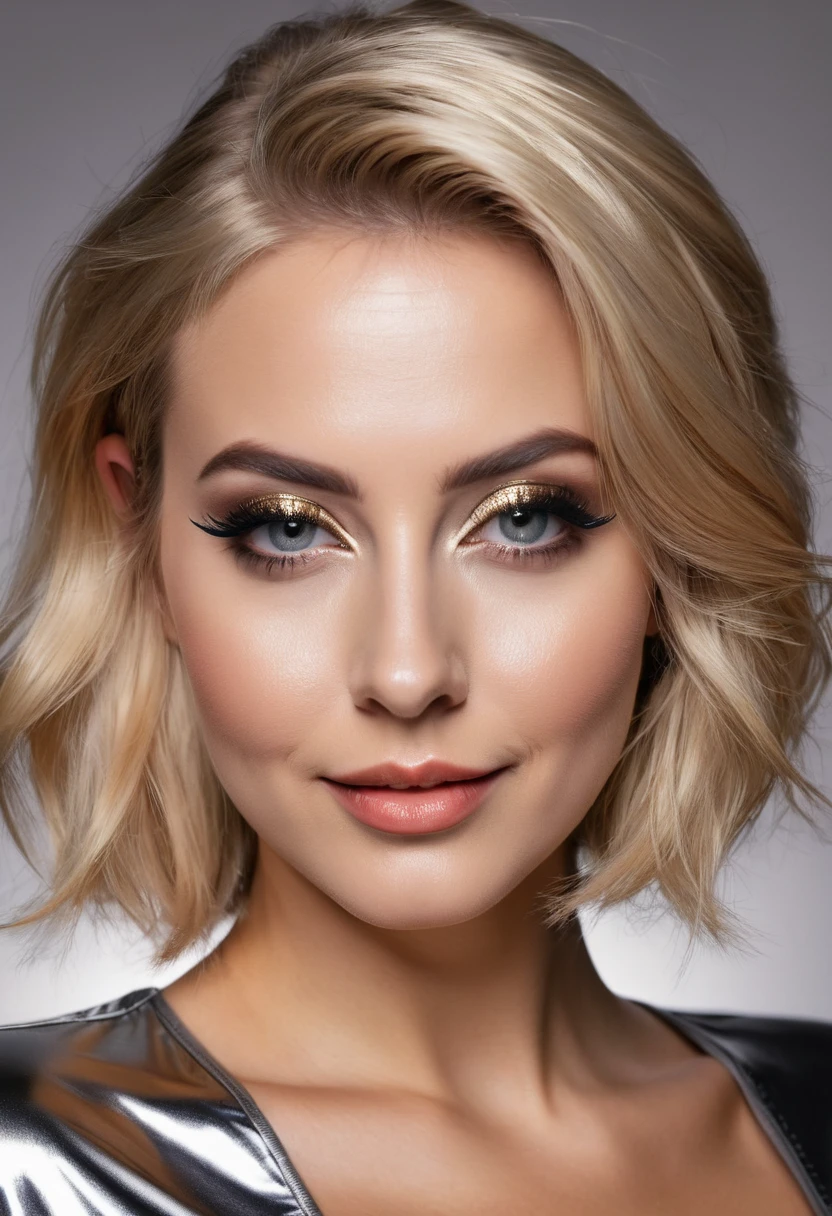 hyperrealistic beautiful busty 30-year-old women in ultra shiny metallic jumpsuit, model shooting mugshot photography, dyed blonde classic bob, dark eye makeup with eyeliner, seductive smile, 8K, best quality, Meisterwerk, ultra high resolution, (Realismus: 1.4), Originalfoto, (realistische Hautstruktur: 1.3), (Filmkorn: 1.3), (Selfie-Winkel), 1 girl, Beautiful eyes and facial details, Meisterwerk, best quality