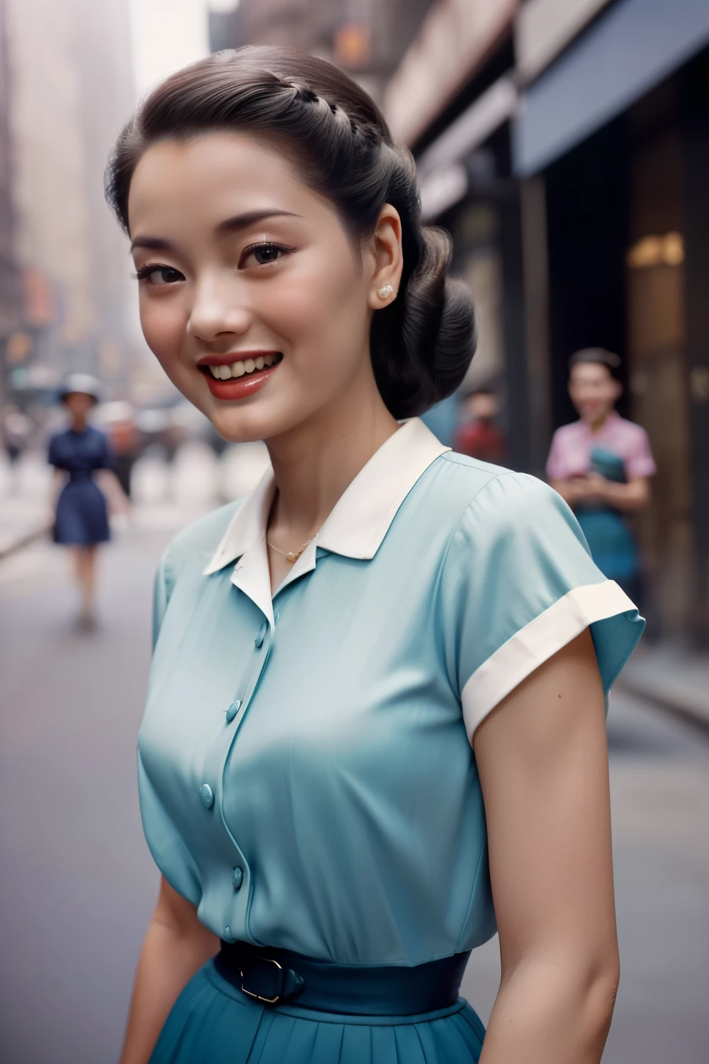 New York, 1952. A young ((((29-year-old)) Sayuri)), strikingly beautiful, delicate facial features, porcelain skin, expressive eyes, in the street, ((awe expression)), ((((clothings from the 1950s)))), ((hairstyle of the 1950s)), colorful