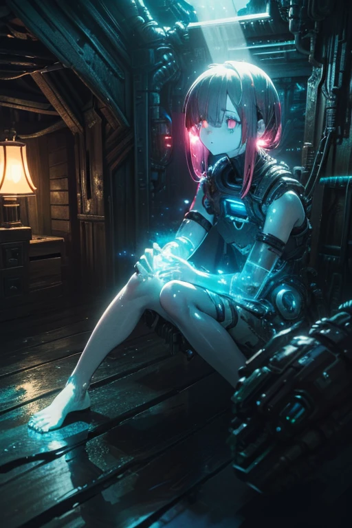 Imagine An asian girl with bold pixie dark blue hair and shining blue eyes using a princess armor made os ice, on a puddle of blood in digital art style masterpiece, best quality:1.2), bathtub, blood smeared, purple lights, neon