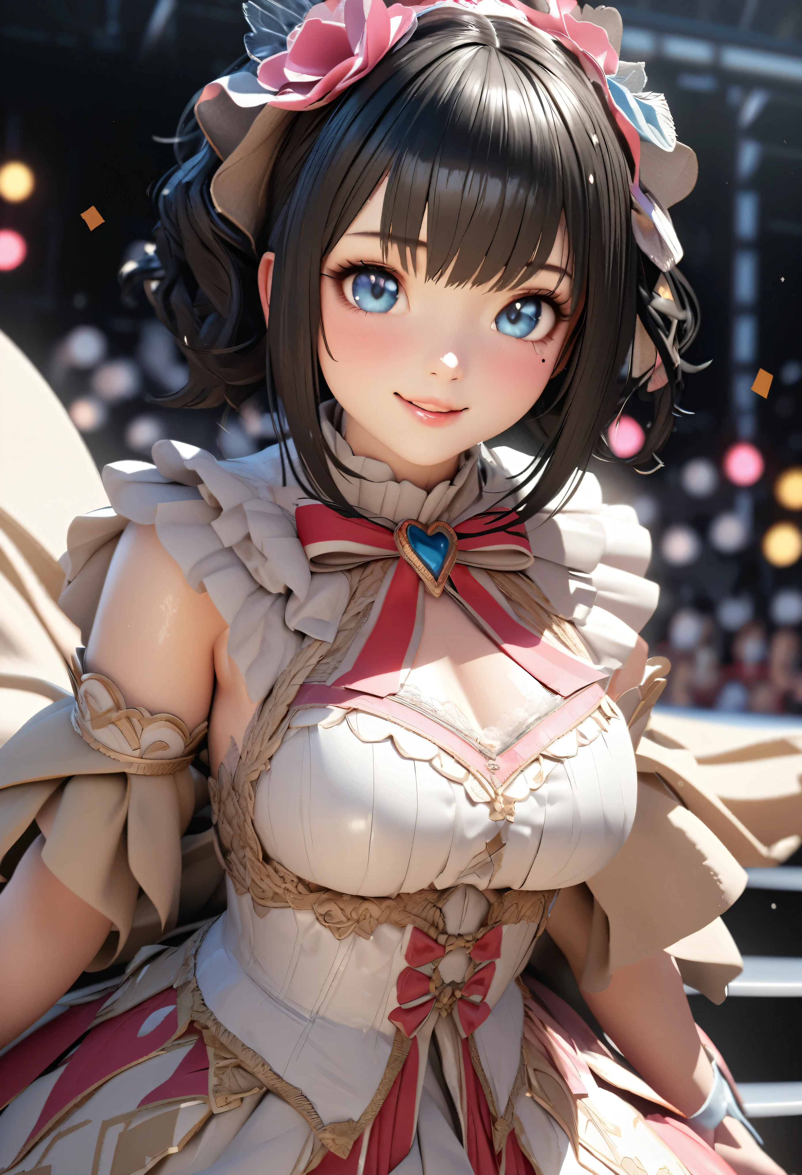 One Girl、Looking at the audience、
Beautiful Blue Eyes、Brown short hair、Mole under the eye、Plump and glossy lips、Heart-shaped choca、Idol、smile、ー、。.。.。.。.。.。.。.。.。.。.。.。.。.。.。.。.。.。.3D、Realistic、
Princess dress with too many frills、Drape clothes、gem、The decoration has been removed、Floral、Lace trim、bright stage、
masterpiece、highest quality、8k、Detailed skin texture、Detailed cloth texture、Beautifully detailed face、Intricate details、Very detailed、
超A high resolution、8K Ultra HD、Film Grain、Best Shadow、delicate、Staring at the audience、front