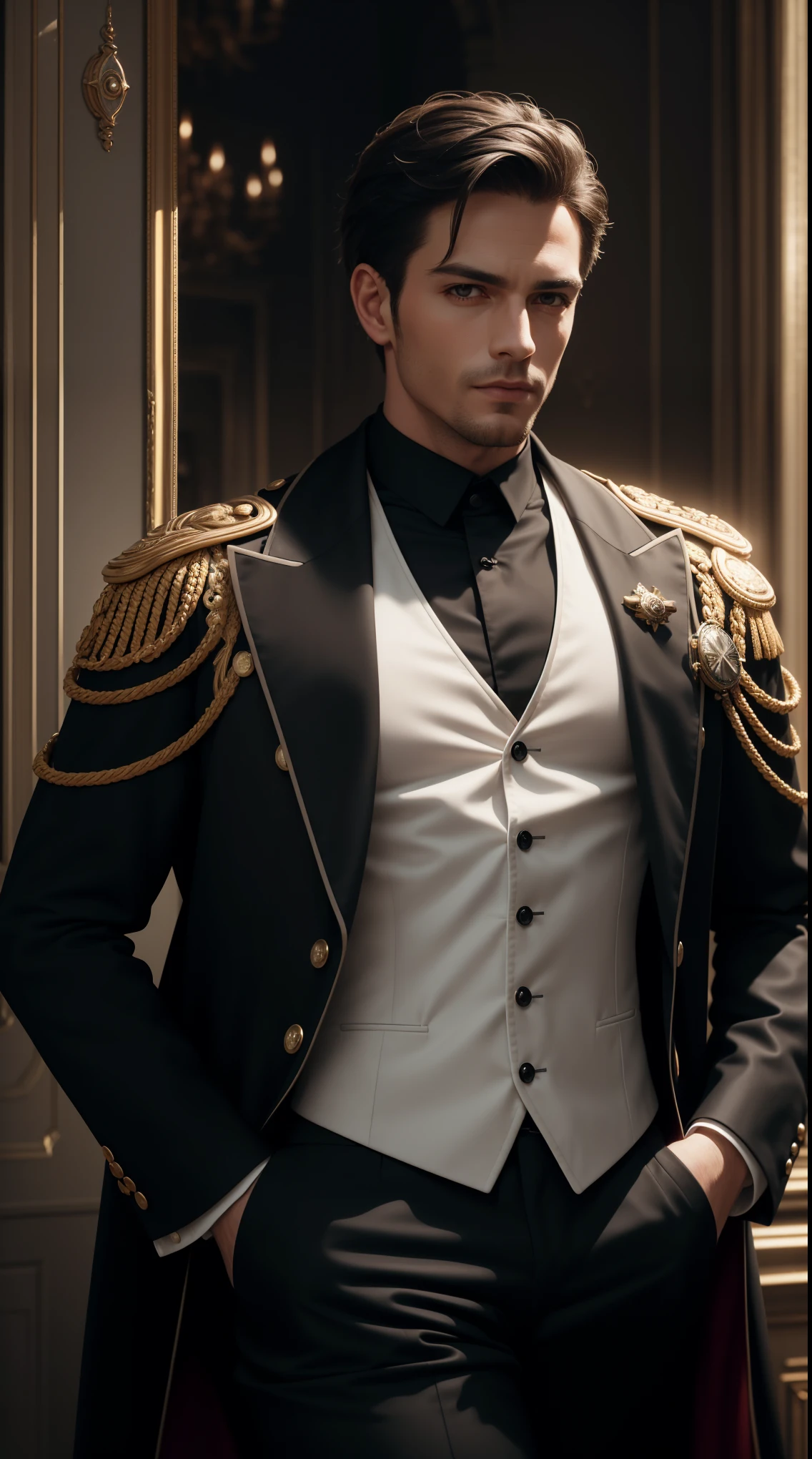"((photorealism, high quality, detailing)), (Whole body) Strong man, Male appearance, Majestic magician-alchemist, short dark hair, A European view, modernity, 21st century, Stylish black suit, long black cloak, magical atmosphere".