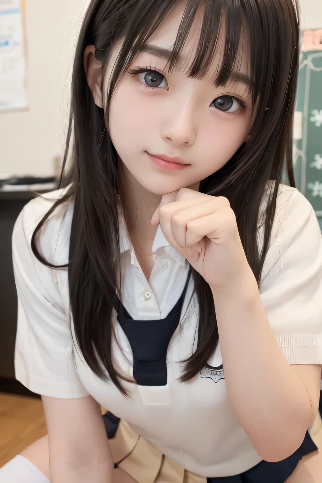 (masterpiece,highest quality,超A high resolution),Japanese women, (((Very cute girl))), View the photographer, Front view, ((Long Hair)), Super cute face, Glossy lips, Double eyelids on both eyes, Focus your eyes, Natural Makeup, bangs, Shiny and smooth light brown long hair, (((Upper body close-up))), Large Breasts, Peimbs, Perfect Anatomy, ((School uniform:1.4)), ((Black knee-high socks:1.3)), (((Pleated mini skirt:1.3))), ((Smile)), Night room, (Show off your slim thighs:1.3), ((Include the whole face and focus on the chest:1.2)), View your viewers, (Strike a cute pose:1.2), Perfect and natural fingers,