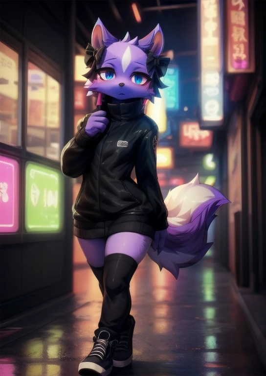 uploaded on e621, (by Whooo-Ya, by Sskomu \(artist\), by Kakure Eria),
solo female (cute purple skunk girl, blue eyes, Shikabane, a single small cute purple squirrel tail), slender  body, thigh high socks, 
(wear black jacket, ), (small breasts), black converse shoes,
((detailed fluffy fur)), (looking at viewer, full body shot, three-quarter view),
BREAK,
((Walking at city street on sunset day)), ( fog, mist, cyberpunk, neon light),
(detailed background, depth of field, half body shadow, sunlight, ambient light on the body),
(masterpiece, best quality, ultra realistic, 4k, 2k, (high detail:1.3),
(3d \(artwork\):1.2), blender \(software\), (soft focus:1.2), ray tracing, (unreal engine:1.3), absurd res)