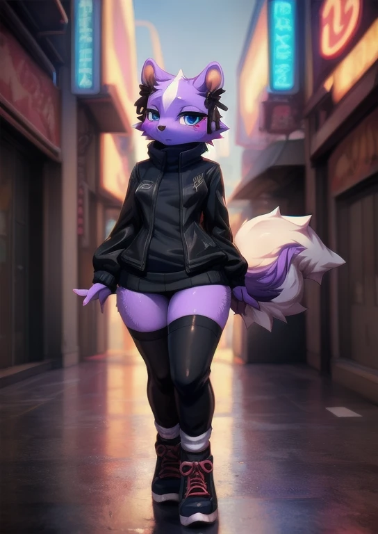 uploaded on e621, (by Whooo-Ya, by Sskomu \(artist\), by Kakure Eria),
solo female (cute purple skunk girl, blue eyes, Shikabane, a single small cute purple squirrel tail), slender body, thigh high socks,
(wear black jacket, ), (small breasts), black converse shoes,
((detailed fluffy fur)), (looking at viewer, full body shot, three-quarter view),
BREAK,
((Walking at city street on sunset day)), ( fog, mist, cyberpunk, neon light),
(detailed background, depth of field, half body shadow, sunlight, ambient light on the body),
(masterpiece, best quality, ultra realistic, 4k, 2k, (high detail:1.3),
(3d \(artwork\):1.2), blender \(software\), (soft focus:1.2), ray tracing, (unreal engine:1.3), absurd res)
