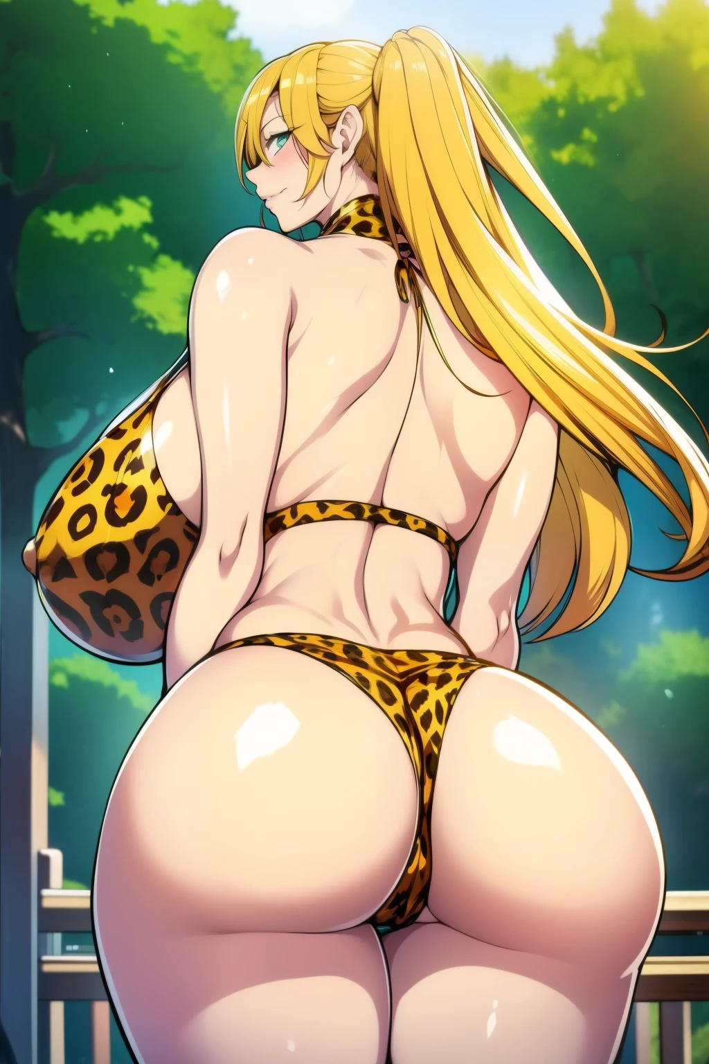 An anime-style artwork depicting Kousaka Shizuru from the game Honkai star rail.
Tags: Kousaka Shizuru, anime, detailed eyes, detailed lips, ass, bare shoulders, (blonde hair:1.4), (leopard bikini : 1.1), long hair, solo, huge breasts, (green eyes:1.1),, gold jewelry, gold bracelet, smiling expression, intense gaze, dynamic pose, jungle, vibrant colors, digital art, high-resolution, professional quality, gigantic breasts, (underboob : 1.4), curvy, cowboy shot, (gigantic breasts: 1.4),, curvy ass, big butt, bubble butt, from behind, back view