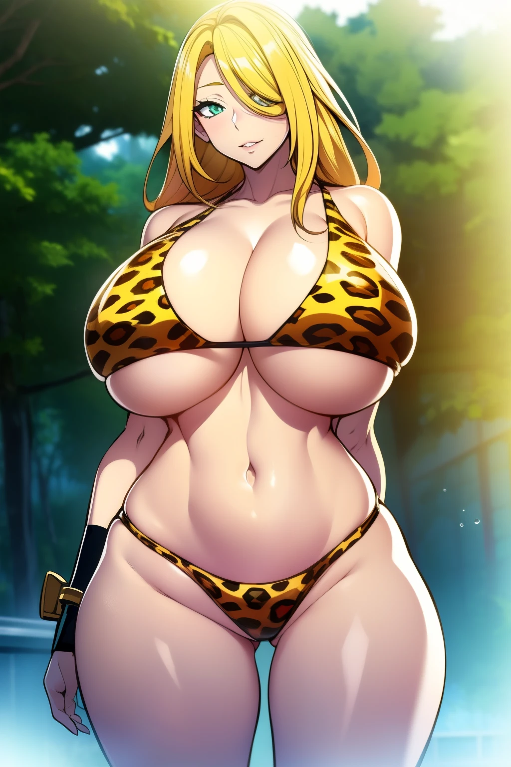An anime-style artwork depicting Kousaka Shizuru from the game Honkai star rail.

Tags: Kousaka Shizuru, anime, detailed eyes, detailed lips, ,  shoulders, (blonde hair:1.4), (leopard  : 1.1),  long hair,  solo, ,  (green eyes:1.1),, gold jewelry, gold bracelet, smiling expression, intense gaze, dynamic pose, jungle, vibrant colors, digital art, high-resolution, professional quality, , (underboob : 1.4), curvy, cowboy shot, (: 1.4),, curvy , big , bubble , , back view