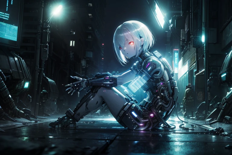 (BioPunk Girl:1.4), short mullet hairstyle, (Glowing scarlet eyes:1.1), (Translucent pale skin:1.4), No humans, Beautiful eyes with fine symmetry, bio body, (Intricate details:1.2), (Highly detailed face and eyes:1.2), (Super detailed skin quality feeling:1.4), No makeup, (dark circles:1.1), midnight aura, Creation of fantasy, Thrilling color schemes, posing sitting for a photo, side view, CG, full body, (Delicate images), (Highly detailed), (high resolution), (Best quality), (masterpiece)
