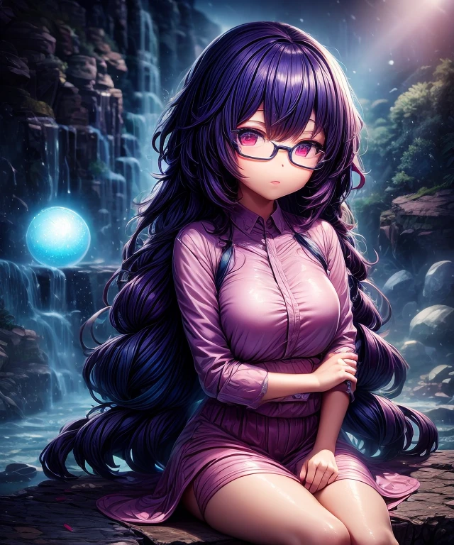 ((1girl)), anime, short dark hair, dark skin, shiny glasses lenses, mouth closed and expressionless, sitting, with her hands holding a glowing orb while two other glowing spheres orbit around her.