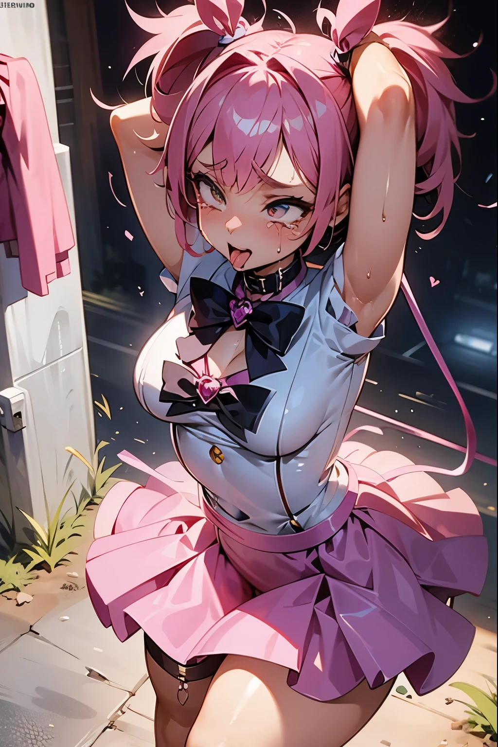 Magical Girl Defeated,Short twin-tailed pink hair,ergartls,Sweaty,Crucified in the street and made a public spectacle,Torn clothes,Panty Shot in White Panties