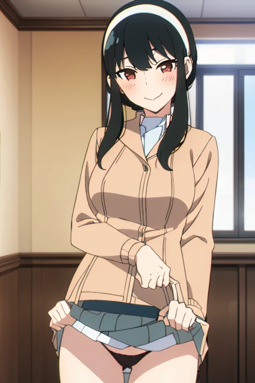 (masterpiece, highest quality: 1.2), alone, 1 girl, alone, panties,,blush,Sailor suit,blazer,your heather, smile, Mouth closed, View your viewers, Long black hair, head band, Earrings, Big Breasts, Medium Waist, Medium Hips, wide thighs, Embarrassing, Charm, smiling with her Mouth closed, Good move.., Excellent anatomy,panties,classroom,,Sailor suit,blazer,skirt, (((skirtめくり, I can see your pants))),
