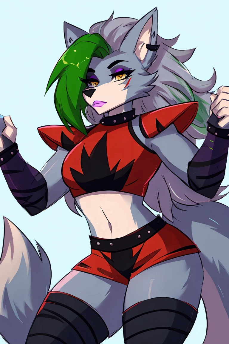 best quality, fnafroxanne, furry female, body fur, makeup, wolf ears, wolf tail, grey hair, green hair, yellow eyes, crop top,