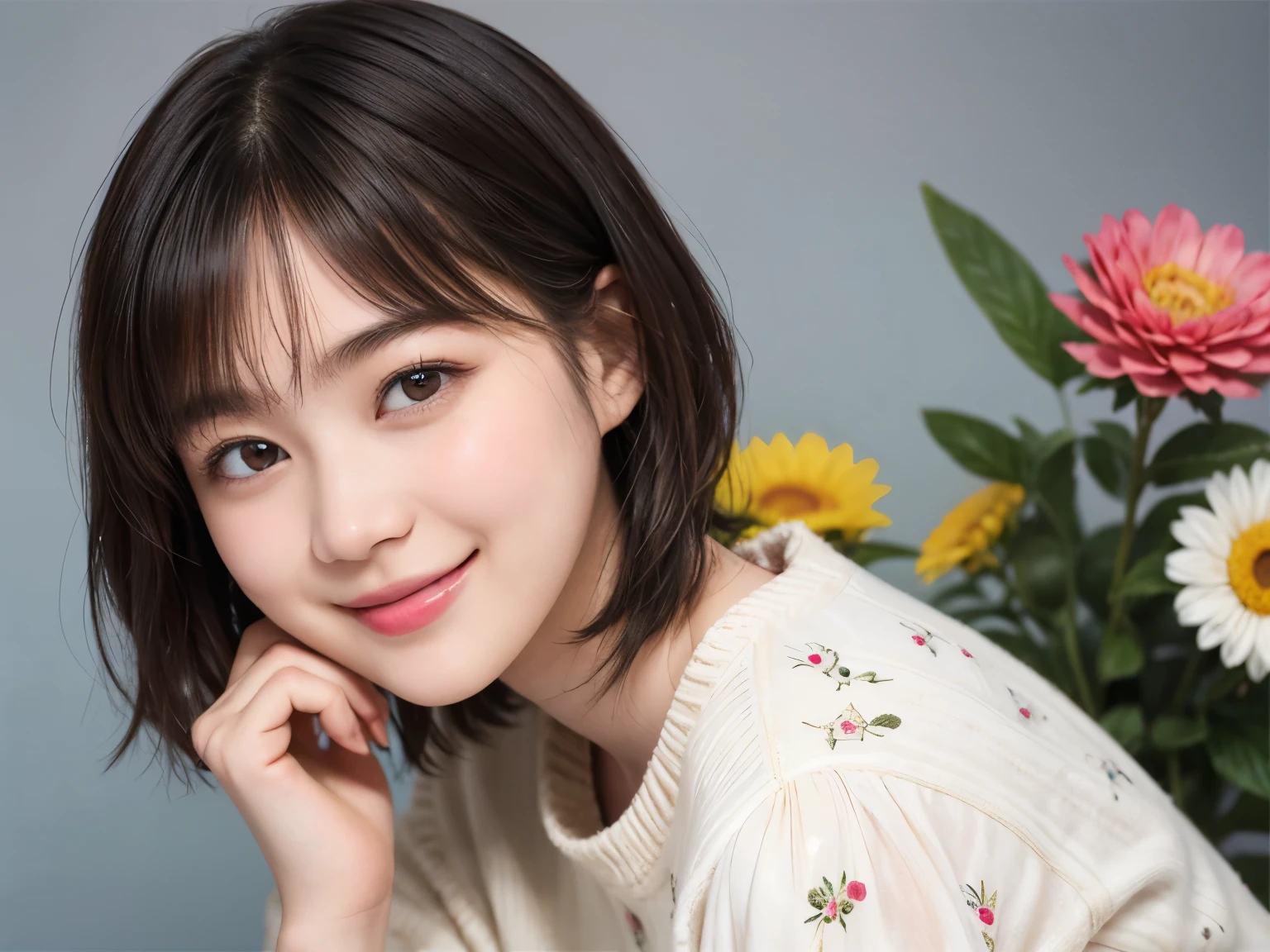 215 Short Hair, 20-year-old woman, A kind smile, Floral