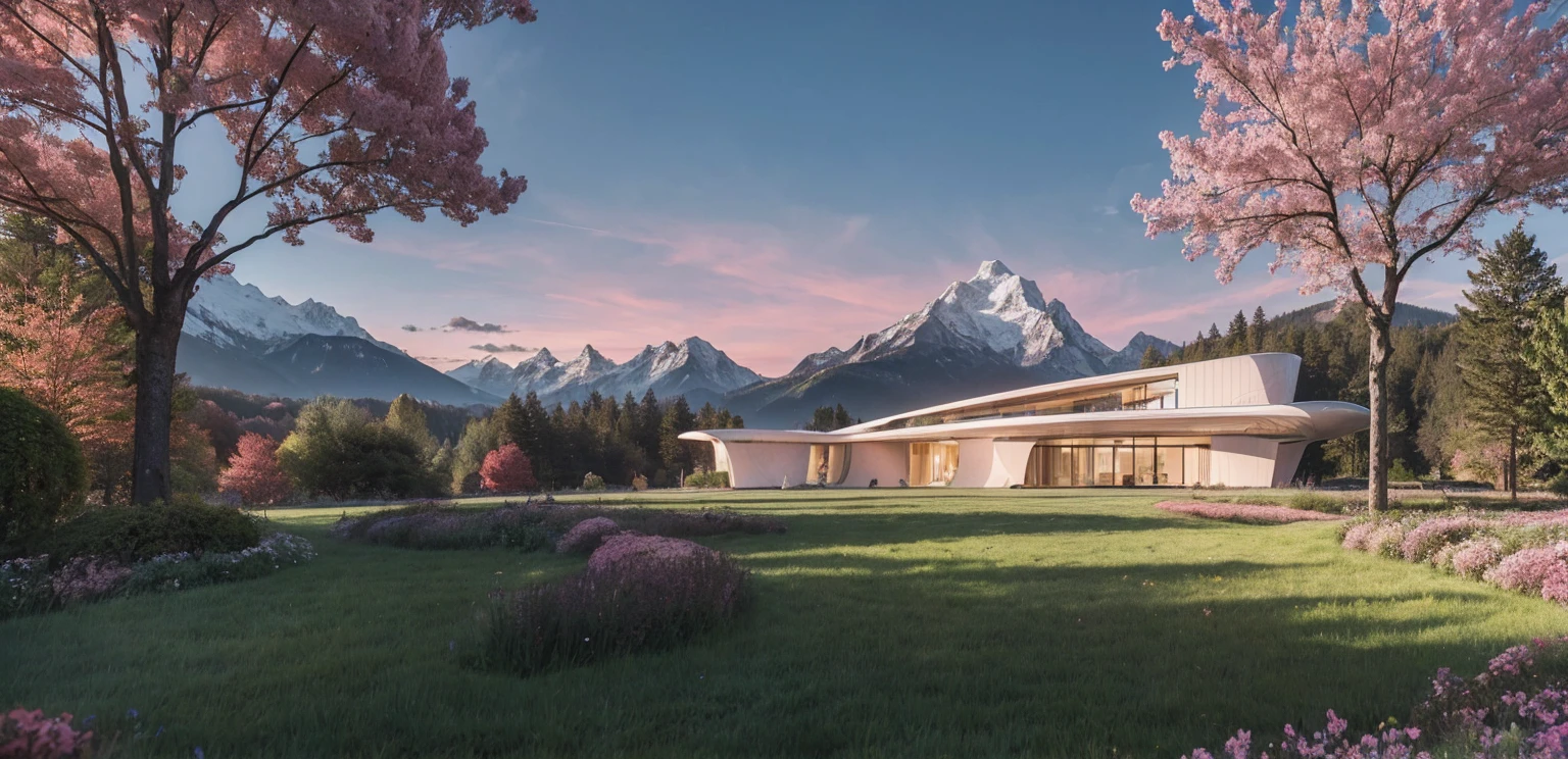 View of panoramic persperctiva, cinematic lighting, a house of futuristic modern architecture in the foreground, surrounded by forests and meadows of pink leaves, in the background there are spectacular mountains and beautiful skies