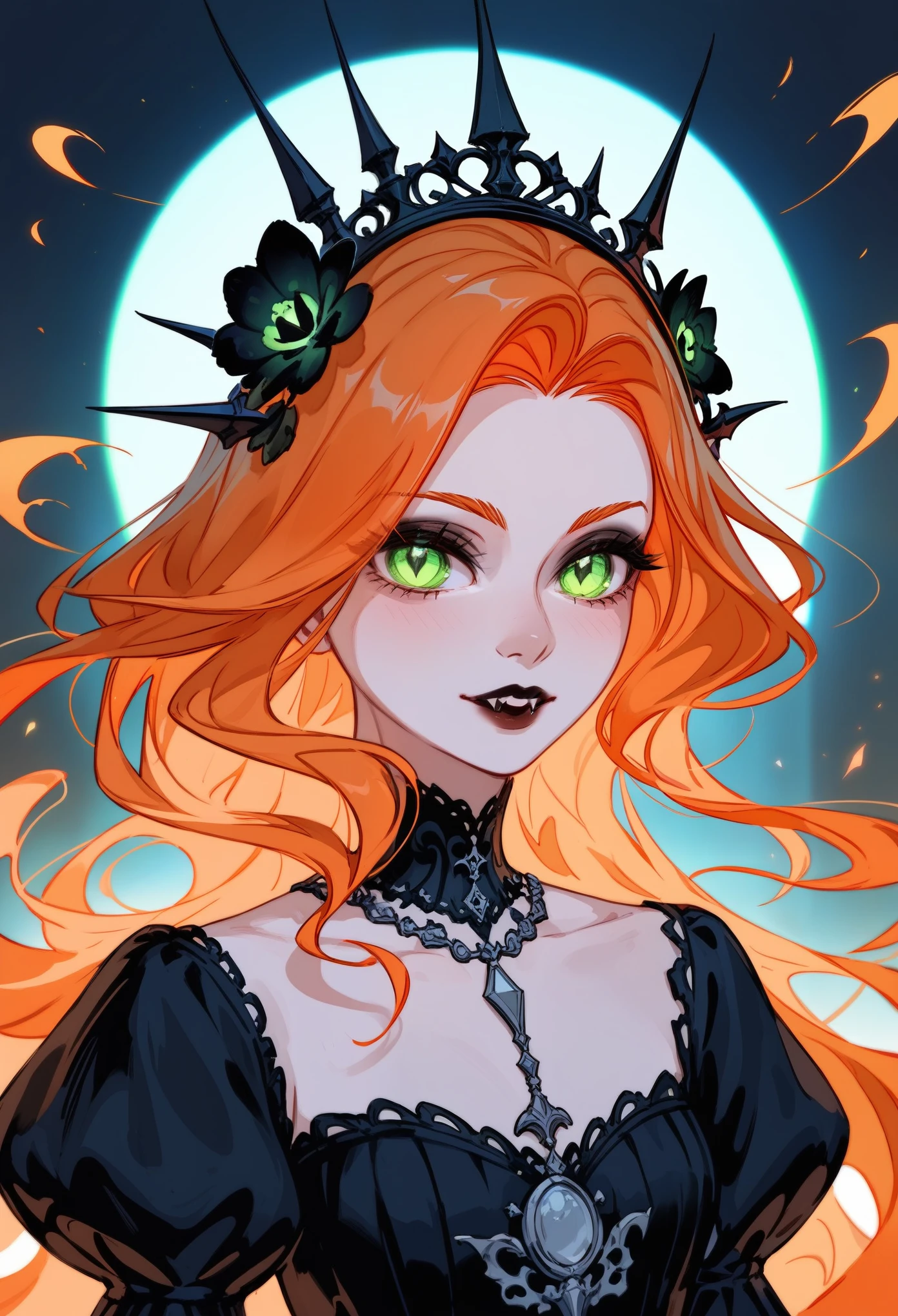 (score_9,score_8_up,score_7_up,score_6_up,score_5_up,score_4_up) gothic vampire, graceful elegance, orange hair, green eyes, glowing, whimsical, enchanted, magical, fantasy art concept, intricate details, 