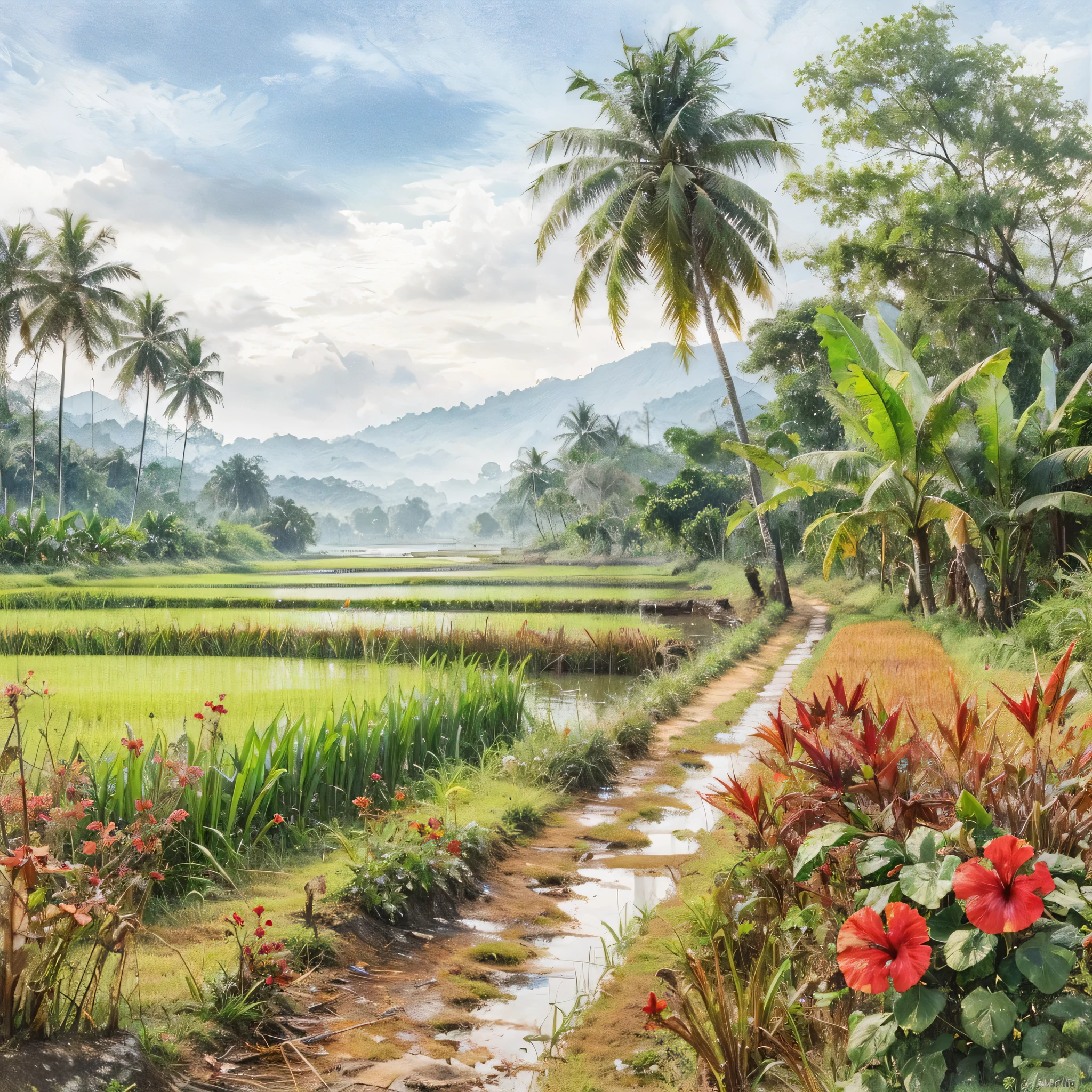 Wet on dry watercolor image of sawahpadi di tanah berpetak, with a path beside the paddy fields, coconut trees, banana trees, red hibiscus Flowers beside the path, grass, wild grass, and distant hills.