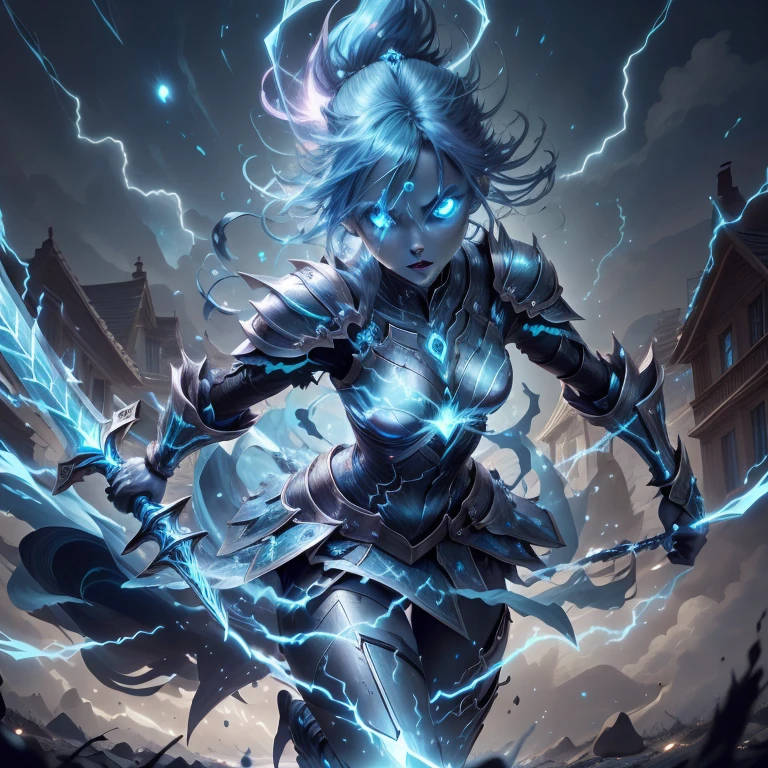 thundermagic , excessive energy , charged aura,
1girl, cyan glowing hair, blue eyes, glowing eyes,
fantasy, dissolving, wrath, full body, female, (knight:1.1) , enchanted armor , enchanted sword ,