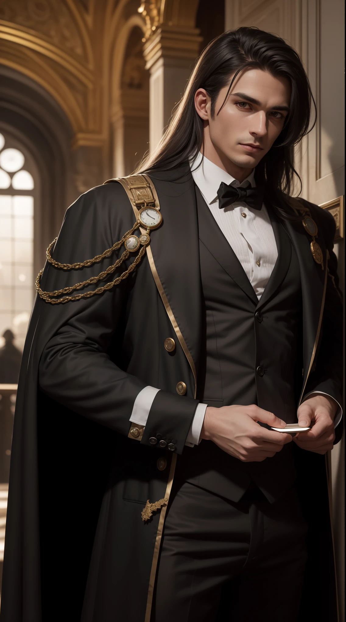"((photorealism, high quality, detailing)), (half of the body) Strong man, Male appearance, Majestic magician-alchemist, Long dark hair, A European view, modernity, 21st century, Stylish black suit, long black cloak, magical atmosphere".