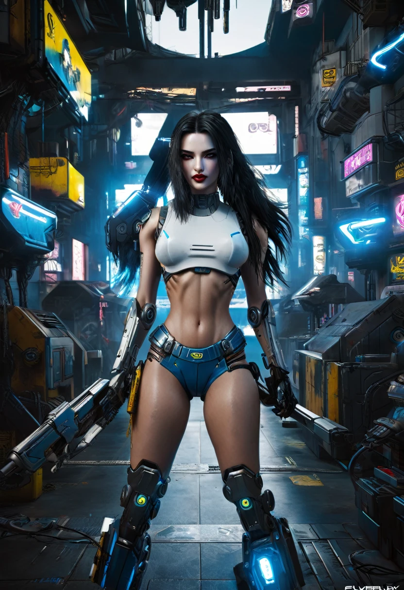 Hyper realistic photo Realism CG 8K mecha cyberpunk 2077, perfect face, thin curved eyebrows, eyeliner, dark eye shadow, vibrant lipstick, perfect makeup, long luscious hair, Mecha cyborg arms, tattered croptop, slinder perky breast, short booty shorts, (butt crack:1.0), mecha cyborg legs, in the world of Cyberpunk 2077, neon blue sapphire eyes,