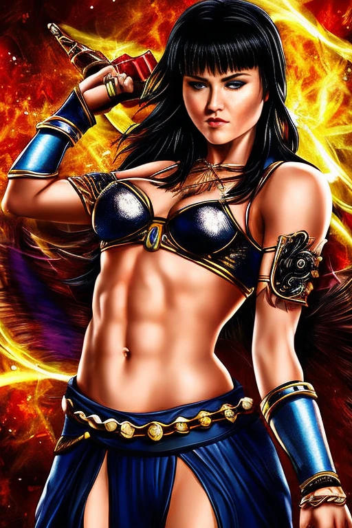 score_9, score_8_up, score_7_up, score_6_up, score_5_up, 1girl, Lucy Lawless, Xena: Warrior Princess, exposed midriff, black hair, blue eyes, (insanely detailed, beautiful detailed face, masterpiece, best quality) 