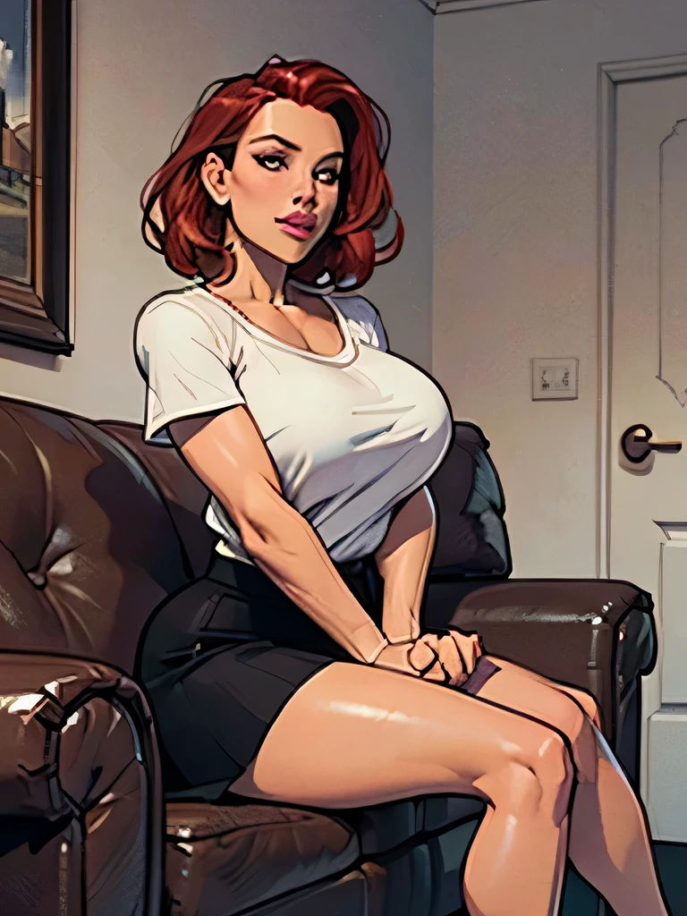 ((Best quality, 8k, Masterpiece :1.3)), pretty woman, 1girl, saggy breasts :1.2,  lustful, dark brown hair, (sitting on couch, crossed legs, skirt :1.1), ultra-detailed face, detailed lips, detailed eyes, double eyelid, wide hips, (plump:1.3), curly hair, 21 years old, realistic, heavy eye shadow, bliss, soft features, short, nice, big  gentle smile, sleepy eyes, warm, sweaty, pale skin, scarlet Johansson  ,red hair