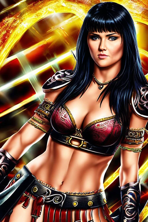 score_9, score_8_up, score_7_up, score_6_up, score_5_up, 1girl, Lucy Lawless, Xena: Warrior Princess, exposed midriff, black hair, blue eyes, (insanely detailed, beautiful detailed face, masterpiece, best quality) 