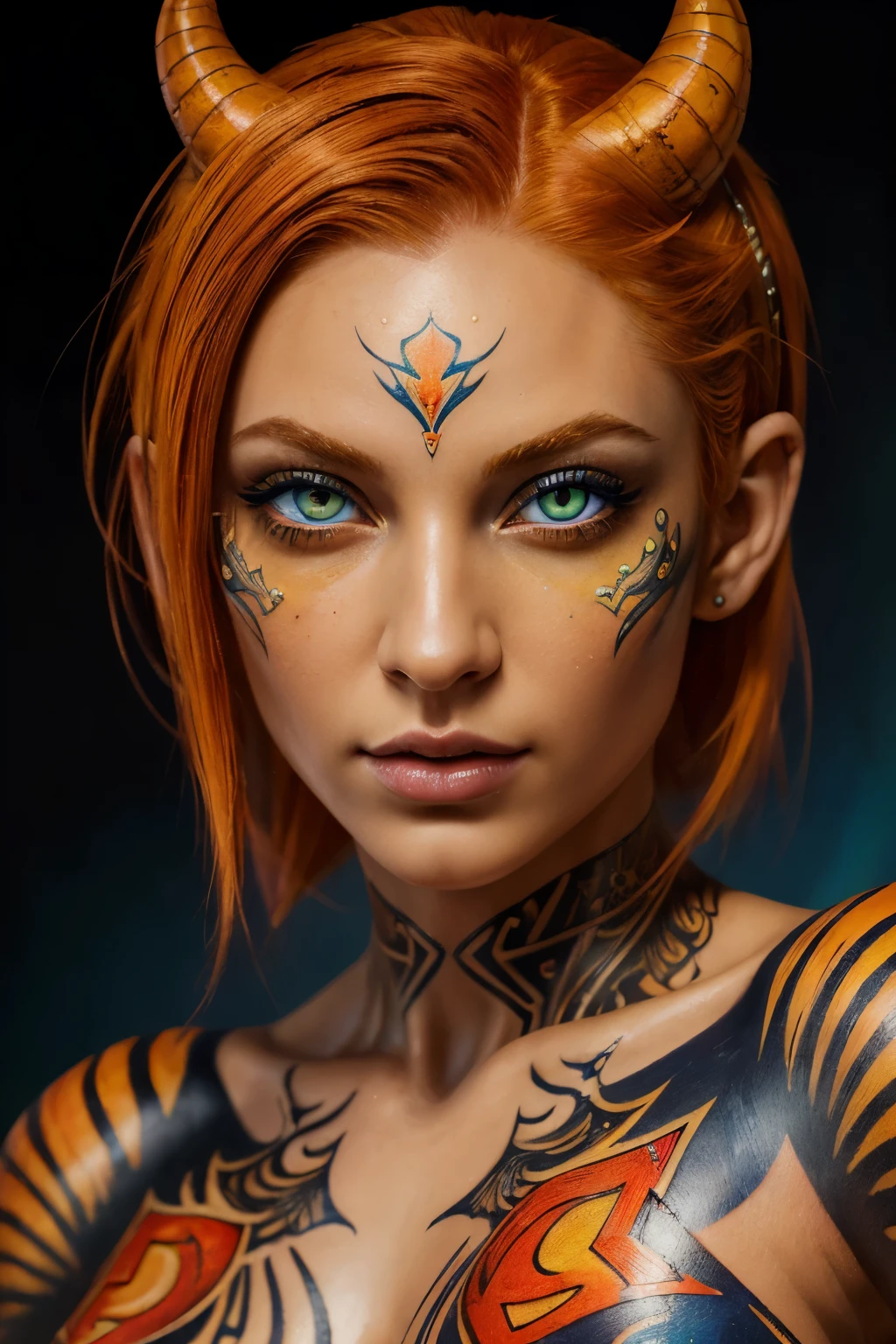(((Masterpiece))), (((Best Quality: 1.4))), ((Super Detail: 1.4)) , hyper detailed gouache painting of a female Tiefling, gorgeous exotic features, amber neon eyes:1.5,  orange hair, hyper detailed face features, expressivo face, detailed textures, blue skintone, tattoos, natural skin shader, volumetrics, warm undertones under her skin, ultra High resolution