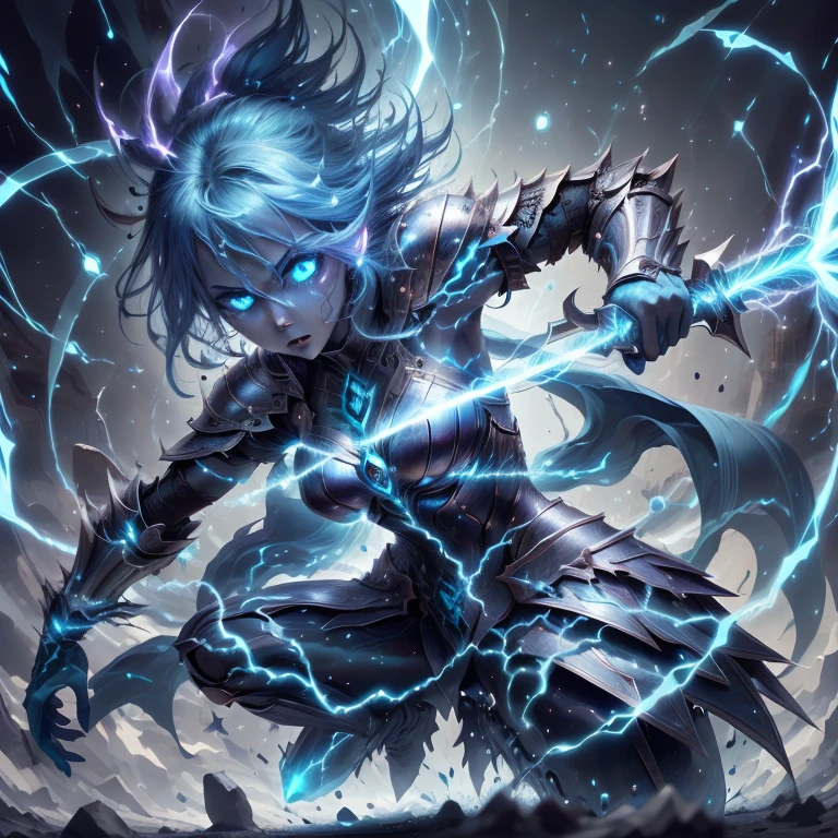 thundermagic , excessive energy ,  charged aura, 
1girl, cyan glowing hair, blue eyes, glowing eyes,
fantasy, dissolving, wrath, full body, female, (knight:1.1) , enchanted armor , enchanted sword ,