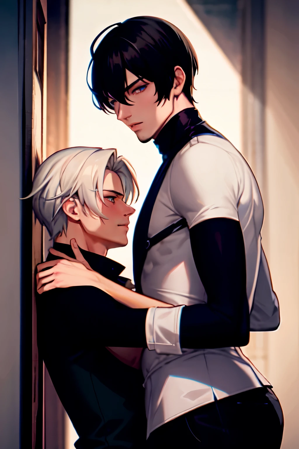 ((Best quality)), ((masterpiece)), (detailed), perfect face, a black-haired man with blue eyes stands and is sad, a man with white hair and red eyes stands nearby and has fun. two men. (men only) (handsome men). both have bangs