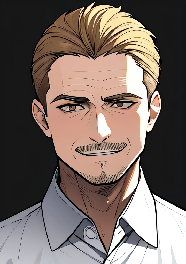 One 45 year old Adult male, handsome, brownish blonde short hair parted down the middle, side burns, stubble, brown eyes, cocky overconfident and murderous expression, shit eating grin, wearing white collared shirt, portrait style, facing forwards, plain grey background 