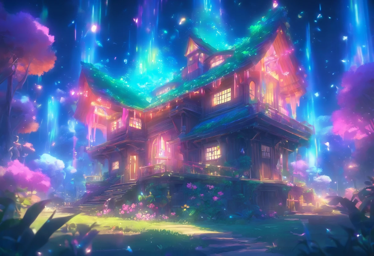 (((Giant rainbow banana house emits auroras,covered with vines,leafs,fresh flowers))),Intense contour light,Luminous inside,Colorful,((Best quality at best)), ((tmasterpiece)),Enhanced dynamic viewing angle,Sparkling creek,(weeds),flowers blooming,glowing effect,ultra - detailed,Works of masters,high high quality,8K resolution,depth of fieldovie Lighting,epic graphics,high high quality,ultra - detailed,Detailed pubic hair,Accurate,Movie Lighting