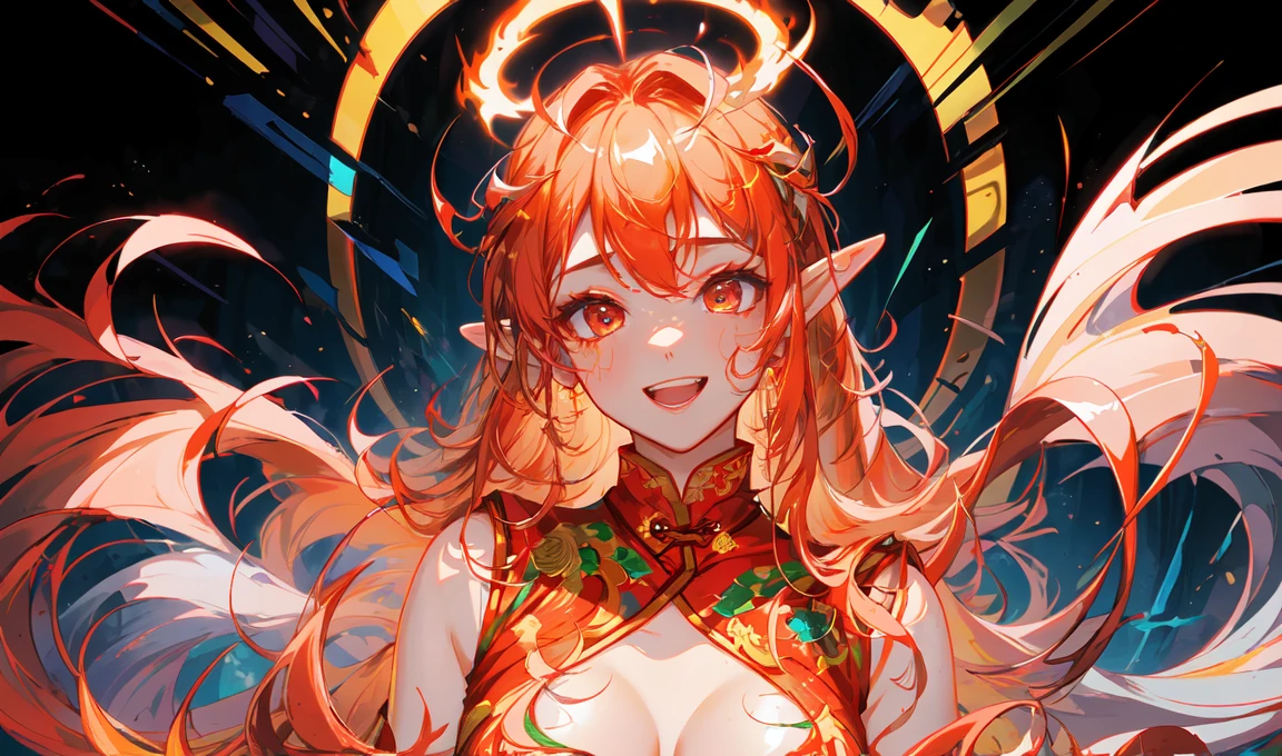 ((half body Portrait of a fire elf)), red flowing hair, shiny red eyes,( medium length pointy ears),orange fire around, flaming theme, burning atmosphere, (detailed sexy Chinese style costume:1.2), red glowing tattoos, orange crystal jewelry, light smile, mature body, colorful ,by Mappa studios,masterpiece,best quality,official art,illustration,ligne claire,(cool_color),perfect composition,absurdres, fantasy,focused,rule of third, close up portrait