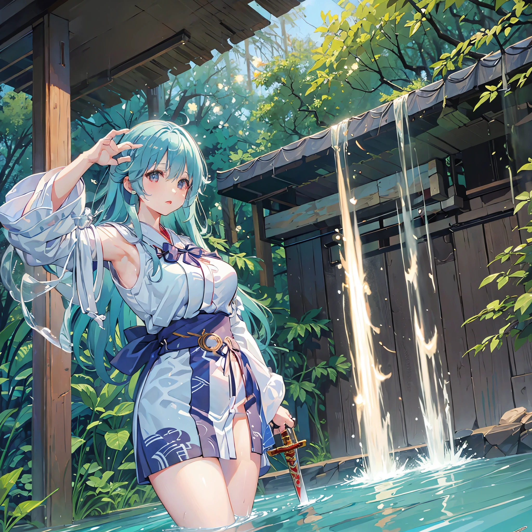 (Very good image quality), 1 girl Emerald green hair, long twin tails hair, back braid, low braid, bangs covering one eye, white veil, beret, silver tiara, yellow eyes, black blindfold, (chain) (bracelet with chain), (leg rings with chains)(chain connected to the wall), fully extended arms, fully extended legs, magical girl, off-shoulder, Kimono over bikini,pleated skirt, spreading skirt, bikini that can be worn inside, lace fabric bikini, black bikini, garter belt, Thigh-high socks, exhaustion, blushing, sweatyumekawa,yumekawaii,pastel color,(wonderland garden:1.3),rainbow waterfall,dripping ink,imagination,(Castle:1.4),