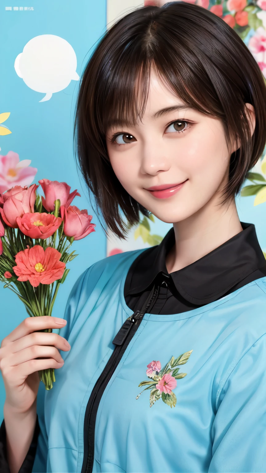 215 Short Hair, 20-year-old woman, A kind smile, Floral
